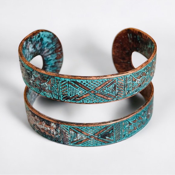 Oxidized Copper Tone Patina Cuff Bracelet Boho Southwestern Style - Picture 1 of 6